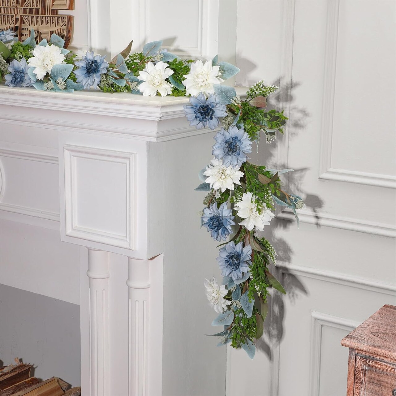 6 ft Spring Floral Garland with Blue & White Dahlias and Eucalyptus – Artificial Spring Flower Vine Garland for Mantle, Front Door, Porch, Staircase, Wedding, Table & Indoor Farmhouse Decor